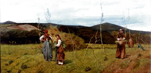 Campesinos macchiaiole en los campos durante la cosecha