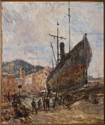 Puerto y barco (óleo sobre tabla)