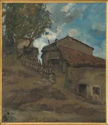 Granja tradicional de montaña (óleo sobre madera contrachapada)