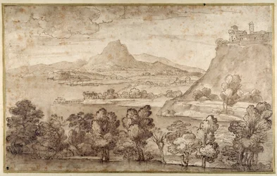 Paisaje con una ciudad en una colina y una montaña más distante