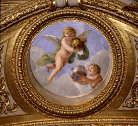 El amor de la continencia. Pintura de Giovanni Romanelli (1601-1662) decorando el techo del Salón Antonino, dormitorio de los apartamentos de verano de la Reina Ana de Austria (1601-1666). Alrededor de 1655-1658. París, Museo del Louvre.