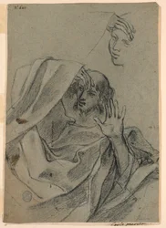 Estudios de dibujo con rostro de mujer y hombre reclinado, y mano derecha con antebrazo