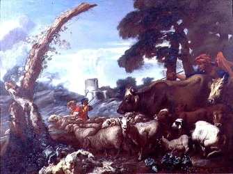 Campesinos con ganado y ovejas
