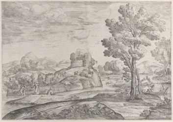 Casa en la cima de una roca redonda en el centro, personas en el río y en canoas, 1626-80