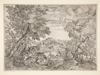 paisaje con tres hombres por un río