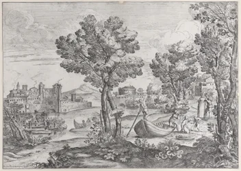 Paisaje con un hombre sosteniendo una serpiente a un niño aterrorizado, observado por una vestida a la moda..., 1626-80