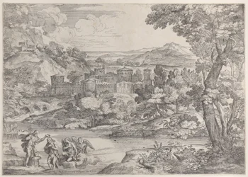 El bautismo de Cristo en la parte inferior izquierda, dentro de un paisaje, 1626-80