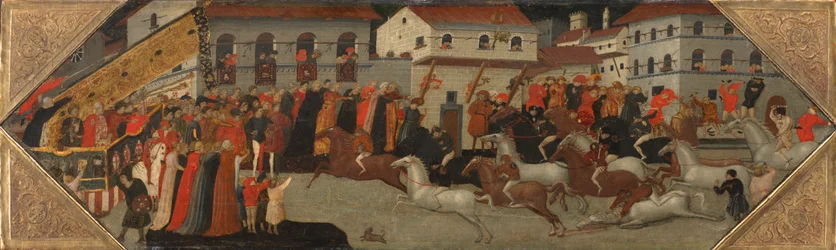 Panel de un Cassone: La carrera del Palio en las calles de Florencia