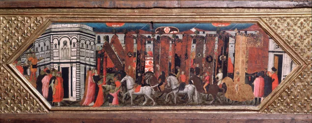 Processione dei pali di San Giovanni - Cofre de madera con representaciones de la fiesta de San Giovanni Battista en Florencia (pintura de Giovanni Toscani)