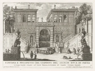 Farnesische Tuinen te Roma Fuente y alzado del jardín del Duque de Parma (...) (título sobre objeto) Las fuentes en los palacios y jardines de Roma (título de la serie) Fonteinen in de paleizen en tuinen van Rome (título de la serie)