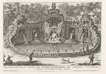 Fuente de la cometa en de Vaticaanse tuinen Fuente llamada la roca en el jardín de Belvedere en el Palacio Papal (...) (título sobre objeto) Las fuentes en los palacios y jardines de Roma (título de la serie) Fonteinen in de paleizen en tuinen van Rome (se