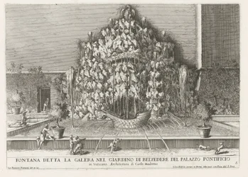 Fuente de la Galera en de Vaticaanse tuinen Fuente llamada la galera en el jardín de Belvedere del Palacio Papal (...) (título sobre objeto) Las fuentes en los palacios y jardines de Roma (título de la serie) Fonteinen in de paleizen en tuinen van Rome (se