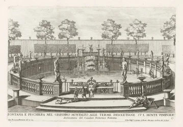 Fuente y estanque de peces en los jardines de Villa Montalto en Roma Fontana e pischiera nel giardino Montalto alle Terme Diocletiane (...) (título sobre el objeto) Le fontane ne palazzi e ne giardini di Roma (título de la serie) Fuentes en los palacios y 
