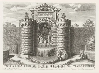 Fontein in de Vaticaanse tuinen Fuente de la torre en el jardín de Belvedere en el Palacio Papal (...) (título sobre objeto) Las fuentes en los palacios y jardines de Roma (título de la serie) Fonteinen in de paleizen en tuinen van Rome (título de la serie