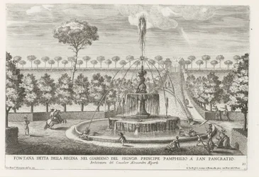 Fontein in de tuinen van Villa Doria Pamphilj te Rome Fuente conocida como la Reina en el jardín del Príncipe Pamphilio en San Pancratio (título sobre objeto) Las fuentes en los palacios y jardines de Roma (título de la serie) Fonteinen in de paleizen en t