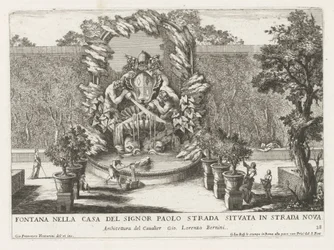 Fuente con escudo papal, dos tritones y delfines Fontana nella casa del signor Paolo strada situata in strada nova (título sobre objeto) Le fontane ne palazzi e ne giardini di Roma (título de la serie) Fuentes en los Palacios y Jardines de Roma (