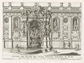 Ninfeo en de binnenplaats van het Palazzo Borghese te Rome Fuente en el palacio del señor prencipe Borghese en Roma (...) (título sobre objeto) Las fuentes en los palacios y jardines de Roma (título de la serie) Fonteinen in de paleizen en tuinen van Rome 