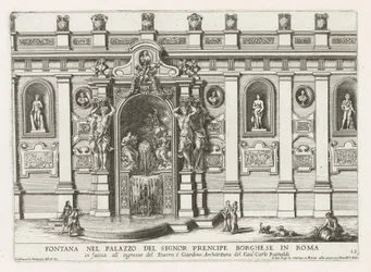 Ninfeo en de binnenplaats van het Palazzo Borghese te Rome Fuente en el palacio del señor prencipe Borghese en Roma (...) (título sobre objeto) Las fuentes en los palacios y jardines de Roma (título de la serie) Fonteinen in de paleizen en tuinen van Rome 