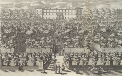 Vista del Palacio desde el Plano del Jardín con sus Fuentes