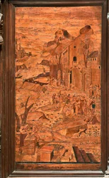 Génova, Duomo (Catedral de San Lorenzo), interior, ábside, coro, lado norte: "Moisés rescatado de las aguas", intarsia de madera de Giovanni Francesco Zambelli (siglo XVI)