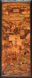 Génova, Duomo (Catedral de San Lorenzo), interior, ábside, coro, lado sur: "Alegoría", intarsia de madera de Giovanni Francesco Zambelli (siglo XVI)