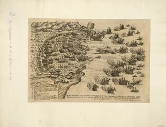 VERDADERO DESIGNIO DE LA GRAN VICTORIA CONTRA LARMATA TVRCHA LI. 15. MAYO 1649 En el puerto de Focchie en asia por. 17. Ga:ni del Sere:ma Re.a de Venecia Comandado por Ecc:mo Gia.mo Riua Capitán de dichos Galeones Victoria Verdaderamente Gloriosa