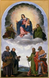 Madonna en gloria con el Niño Jesús, dos ángeles músicos, San Pedro, San Domingo, San Pablo y San Jerónimo (Retablo de Pesaro)