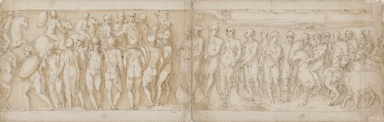 Los bárbaros saludan al emperador (CXIV); los alemanes y sármatas son llevados a través del Danubio en barco (interpretado de manera diferente por Guerra; CXV)