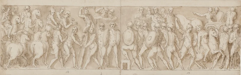 Fin de una marcha del emperador con sus legionarios y guardias (fin de XCIII); los romanos construyendo un campamento (inicio de XCIV); los romanos en una marcha con el emperador (XXXV / XXXVI)