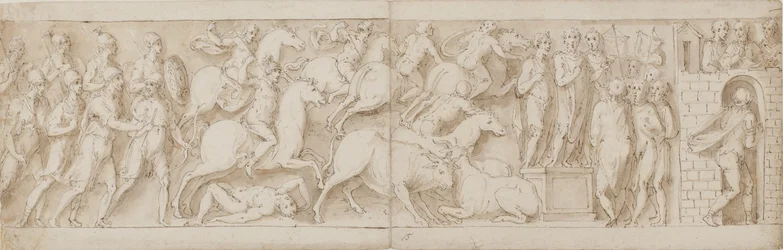 Arqueros romanos(?), asalto romano (XCIX); Marco Aurelio dirigiéndose a sus guardias (C); Marco Aurelio recibe una advertencia (CI)