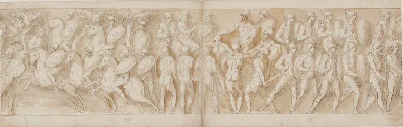 Caballería romana (LXV); una cabeza cortada (interpretada como un prisionero por Guerra) y un prisionero alemán son llevados ante el emperador (LXVI); romanos avanzando (LXVII)