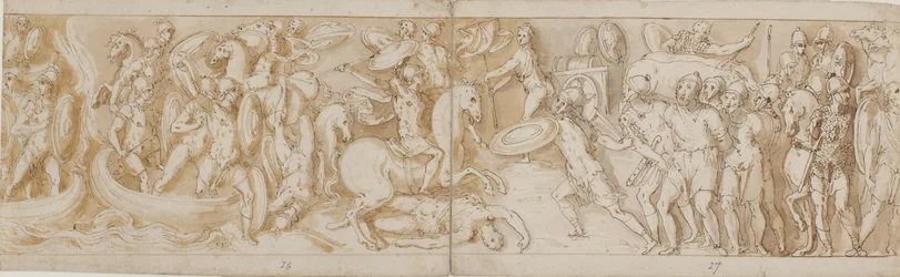 Soldados romanos cruzando un río en botes (en gran parte restauración; XXXIV); un soldado romano luchando (del final de XXIV); guardias romanos trayendo prisioneros bárbaros ante el emperador (omitido en el dibujo; final de XXV); comienzo de una marcha (co