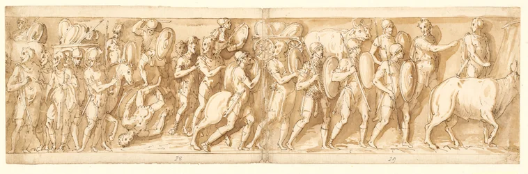 Romanos en marcha (XXXVI); Marco Aurelio, Pompeyo y un asistente observan la marcha (XXXVII); una parada en la marcha (XXXVIII)