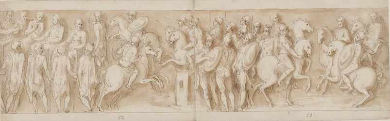 Sármatas ante el consejo imperial (final de LXII, comienzo de LXIII); rodeados por guardias, Marco Aurelio y Pompeyo a caballo observan una escaramuza (XC); nobles germanos trayendo un mensaje (hasta la mitad de XCI)