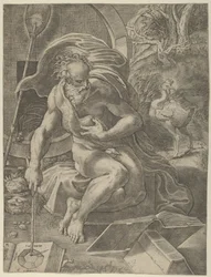 Diógenes sentado con su barril detrás de él, leyendo un libro mientras sostiene un bastón, ca. 1526-27