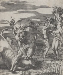 Hércules derrotando al dios río Aqueloo en forma de toro, con tres mujeres t..., ca. 1526-27