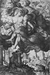 Ixión intentando seducir a Juno, rodeado de nubes con ruinas abajo, ca. 1520-39