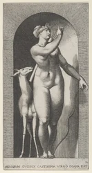 Diana de pie en un nicho, girando a su izquierda y sacando una flecha, 1526