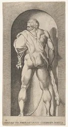 Placa 15: Hércules de pie en un nicho, vistiendo una piel de león y sosteniendo un garrote, visto desde..., 1526