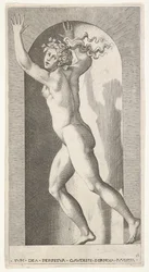 Placa 16: Hebe en un nicho con las manos en el aire, corriendo hacia la izquierda mientras mira hacia..., 1526
