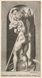 Placa 1: Saturno en un nicho devorando a su hijo, de pie ante una guadaña, de una serie de...