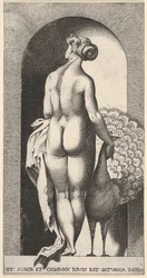 Lámina 4: Juno de pie en un nicho, vista desde atrás, acariciando un pavo real a su derecha, fr..., 1526.