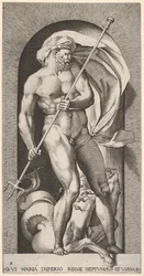 Placa 5: Neptuno de pie en un nicho sosteniendo un tridente, con un hipocampo, 1526