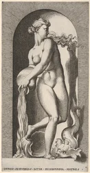 Placa 6: Tetis de pie en un nicho con una concha y criatura marina, vertiendo agua, 1526