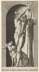 Placa 7: Plutón en un nicho, sosteniendo un bidente, con Cerbero a su lado, de una serie de m...