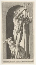 Placa 7: Plutón en un nicho, sosteniendo un bidente, con Cerbero a su lado, de una serie de m..., 1526