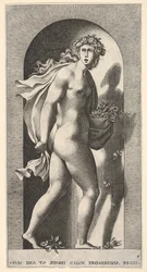 Placa 8: Prosérpina, de pie en un nicho, girando a la derecha mientras sostiene el manto, 1526