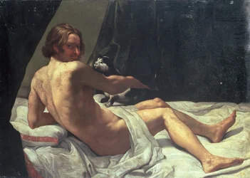 Joven tumbado en una cama con un gato, 1620