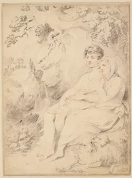 Niño y niña con flauta y oveja