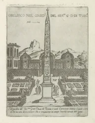 Obelisco egipcio en el jardín de Villa Medici en Roma Obelisco nel giard.o del ser.mo G. D. Di Tosc.a (título sobre objeto) Monumentos y edificios modernos y antiguos en Roma (título de la serie) Ornamenti di fabriche antichi et moderni dell
